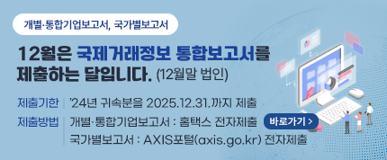 개별·통합기업보고서, 국가별보고서
12월은 국제거래정보 통합보고서를 제출하는 달입니다.(12월말 법인)
제출기한 : ’24년 귀속분을 2025.12.31.까지 제출
제출방법 : 개별·통합기업보고서 : 홈택스 전자제출 (바로가기) / 국가별보고서 : AXIS포털(axis.go.kr) 전자제출